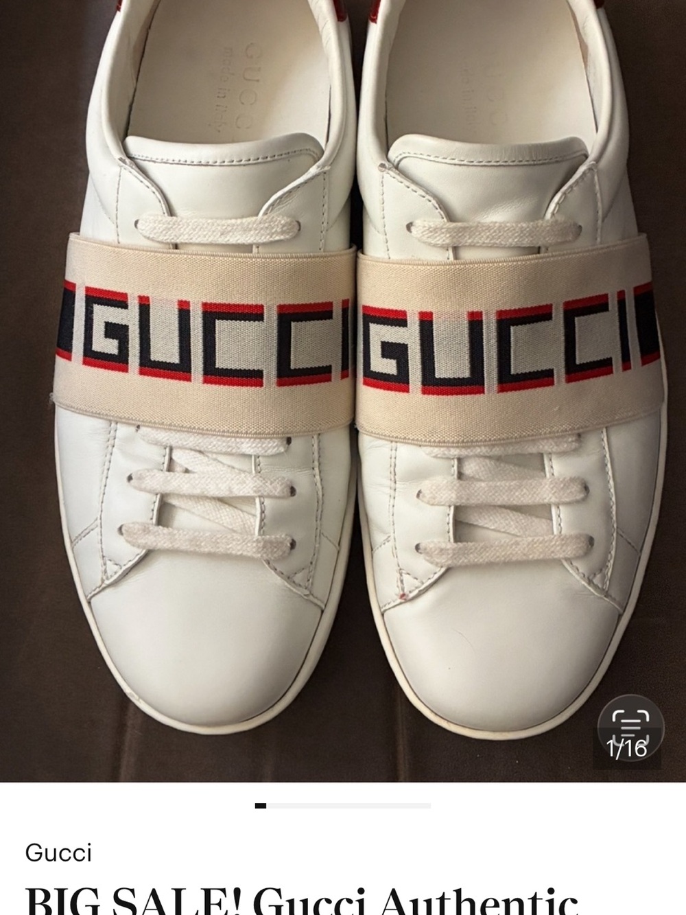 SALE GUCCI White Leather Sneakers Logo Strap across foot men’s has serial number